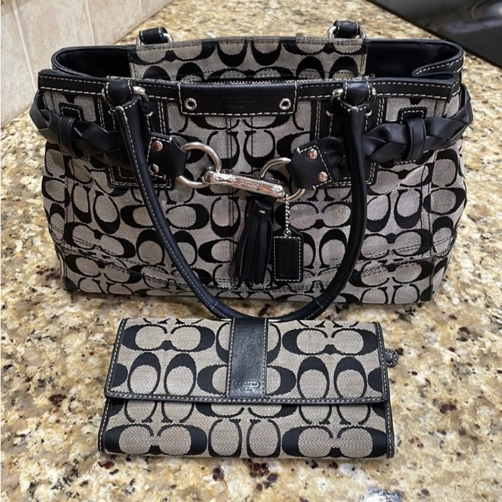 Coach Black and Gray Tote Bag with Matching Wallet
